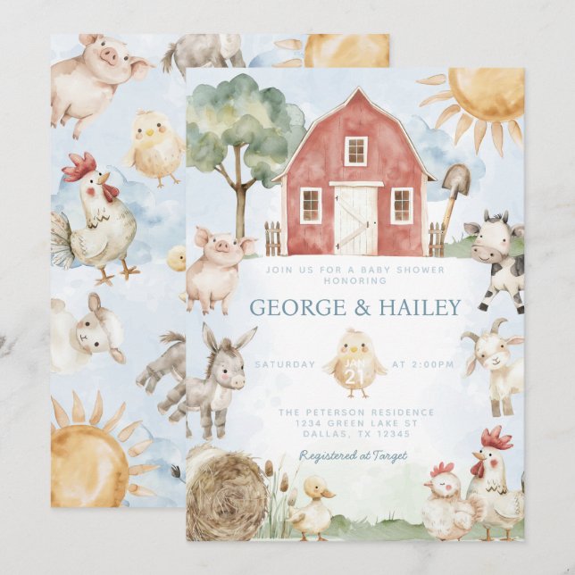 Einladung der Red Barn Farm Animal Baby Shower (Vorne/Hinten)