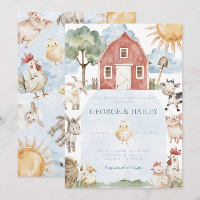 Einladung der Red Barn Farm Animal Baby Shower (Vorne/Hinten)