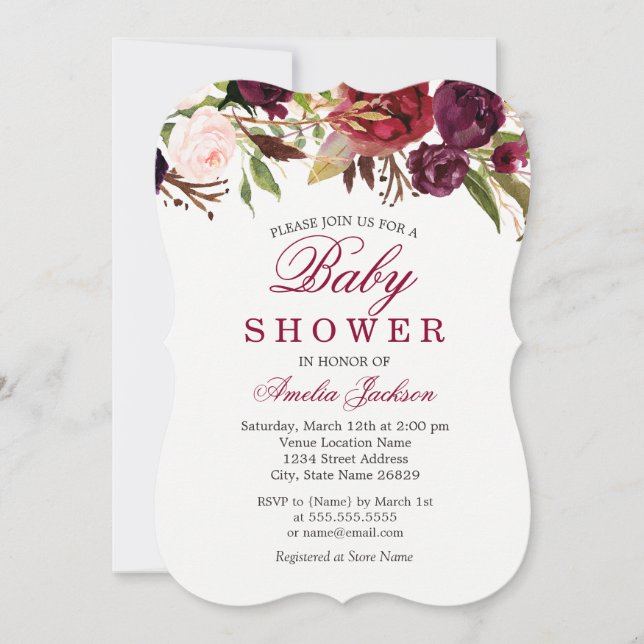 Einladung der Red Floral Baby Shower Burgundy (Vorderseite)