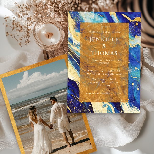 Einladung der Royal Navy Blue Gold Hochzeit mit Fo (Von Creator hochgeladen)