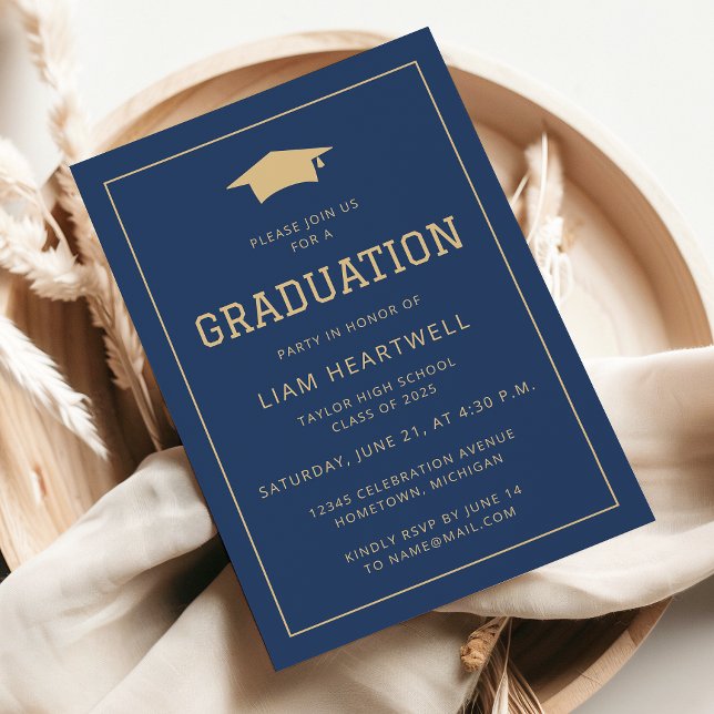 Einladung der Sporty Navy Blue Gold Graduation Par (Von Creator hochgeladen)