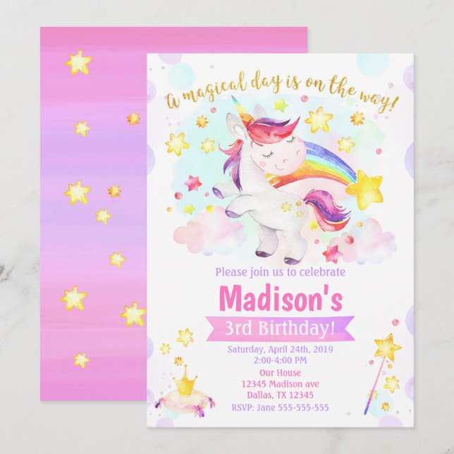 Einladung der Unicorn Magical Birthday Party (Vorne/Hinten)