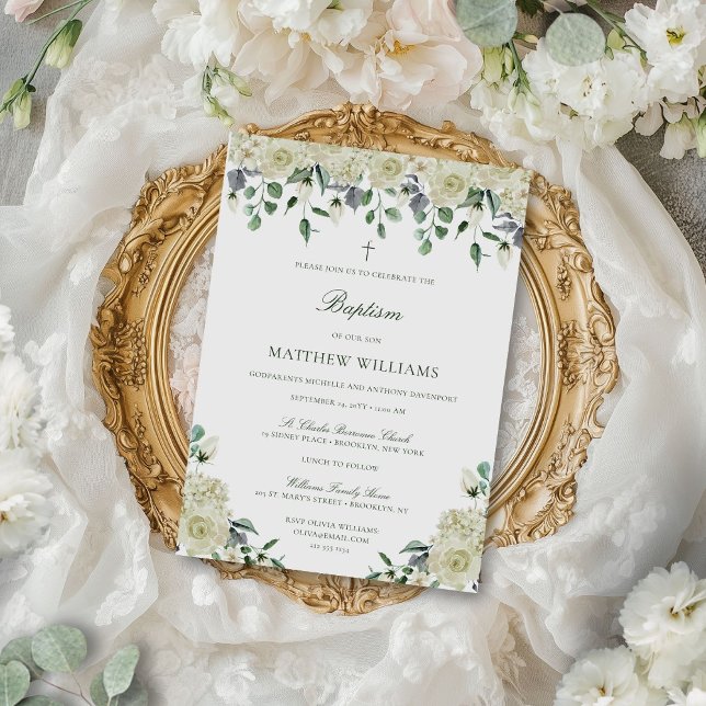 Einladung der weißen Blütenwelt Elegant neutrale T (This elegant, white floral baptism invitation can be used for a baby boy or baby girl)