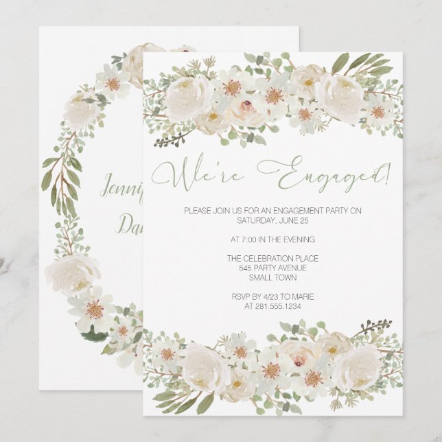 Einladung der White Wedding Floral Engagement Part (Vorne/Hinten)