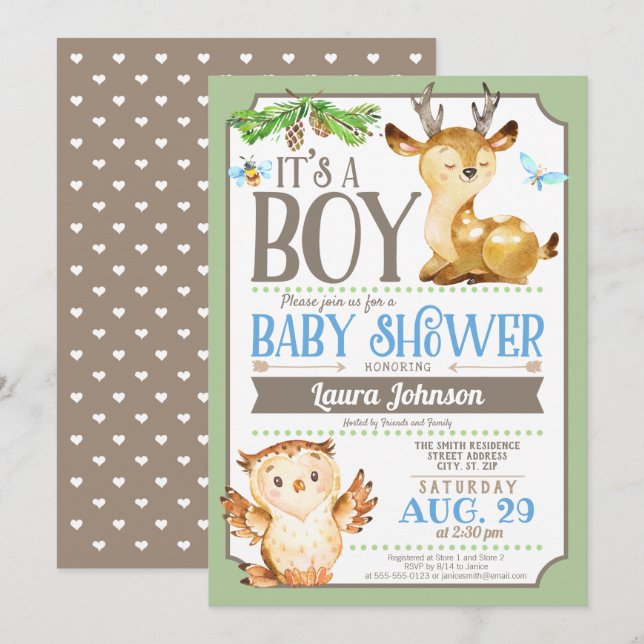 Einladung der Woodland Deer and Owl Boy Baby Dusch (Vorne/Hinten)