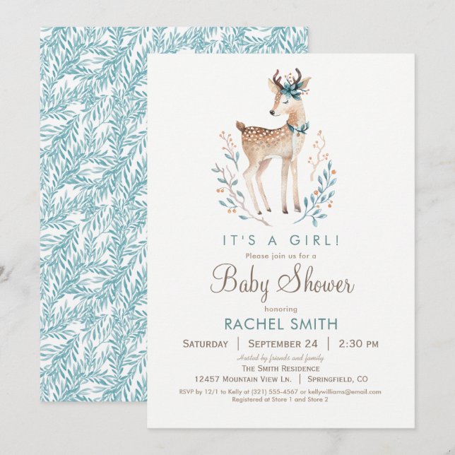 Einladung der Woodland Deer Baby Dusche (Vorne/Hinten)