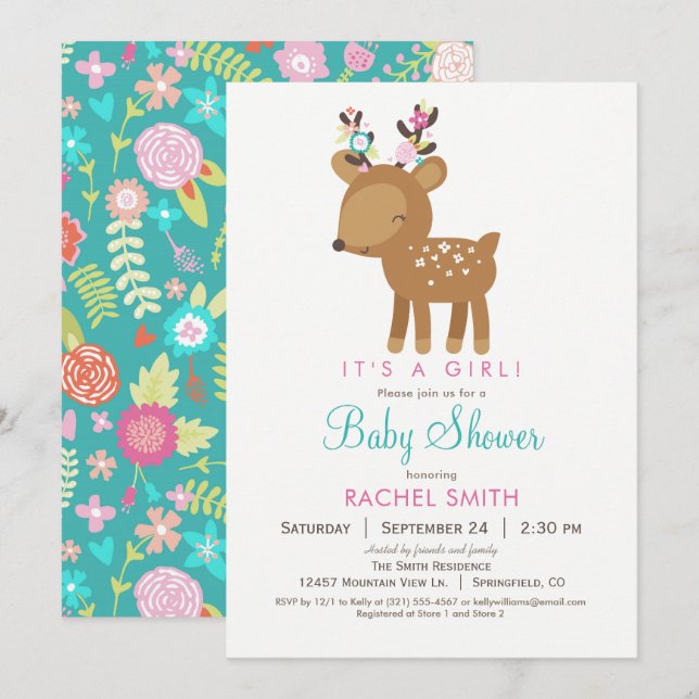 Einladung der Woodland Deer Girl Baby Dusche (Vorne/Hinten)