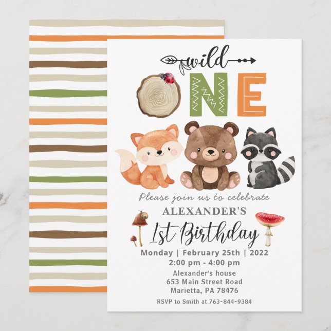 Einladung der Woodland Wild One Bären zum Geburtst (Vorne/Hinten)