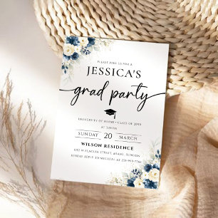 Einladung des Abschlusses Navy Blue and White Rose
