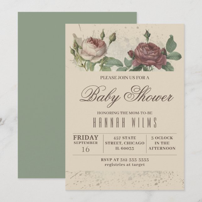 Einladung des Burgundy Blush Floral Gold Baby Dusc (Vorne/Hinten)