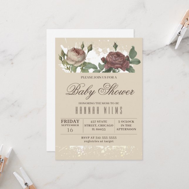 Einladung des Burgundy Blush Floral Gold Baby Dusc (Vorderseite/Rückseite Beispiel)