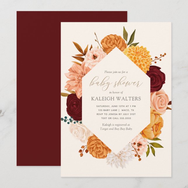 Einladung des Burgundy Floral Fall Baby Shower (Vorne/Hinten)