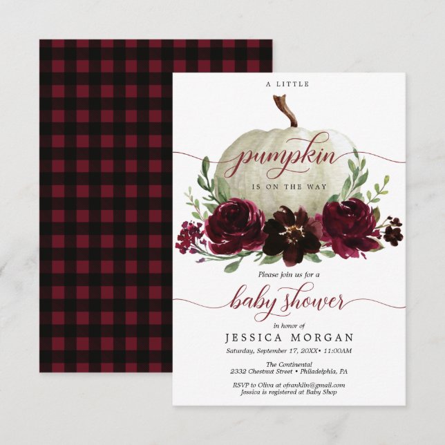 Einladung des Burgundy Little Pumpkin Baby Shower (Vorne/Hinten)
