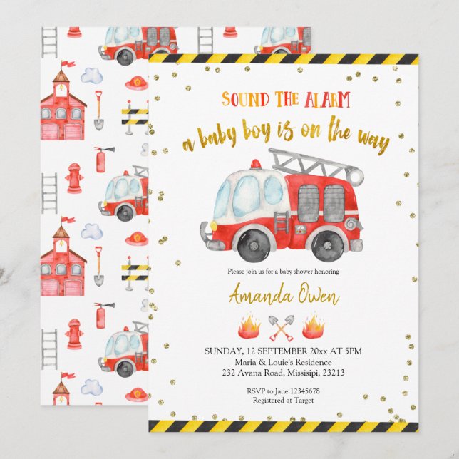 Einladung des Feuerwehrspielers Boy Baby Shower (Vorne/Hinten)