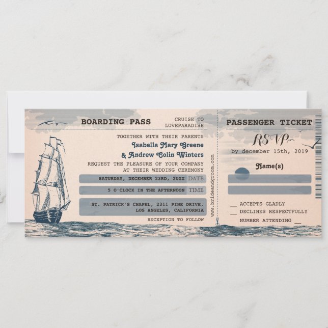 Einladung des Hochzeit in Urlaubsort-Tickets (Vorderseite)