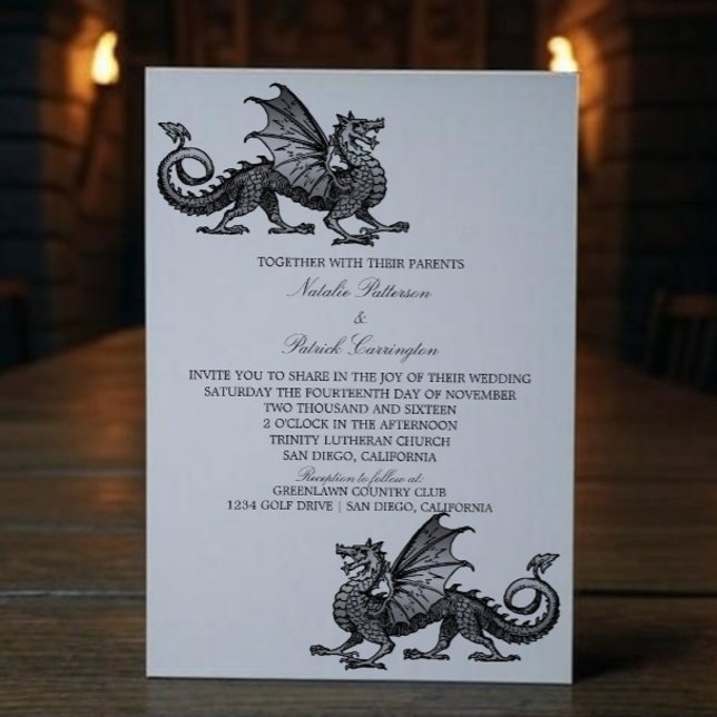 Einladung des mittelalterlichen Drachen (Silver Medieval Dragon Wedding Invite)