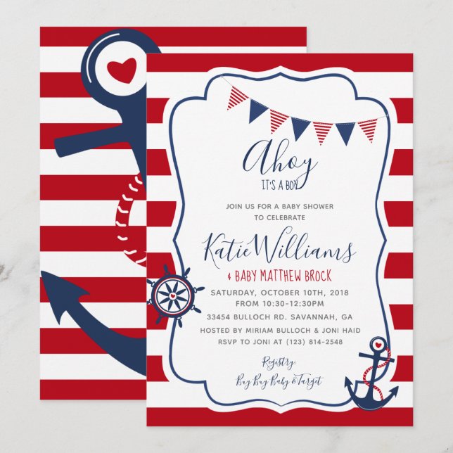 Einladung des Nautic Anchor Red Blue Boy Baby (Vorne/Hinten)
