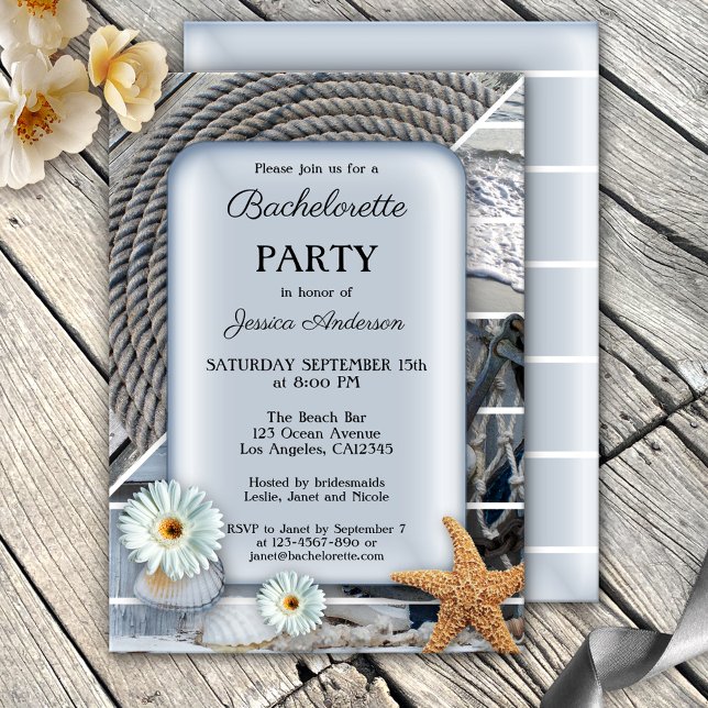Einladung des Nautical Beach Junggeselinnen-Abschi (Nautical bachelorette party invitation featuring starfish, shells, rope and beach images)