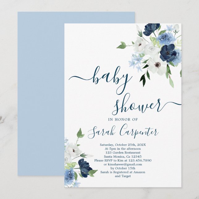 Einladung des Navy Blue Floral Baby Shower Boy (Vorne/Hinten)