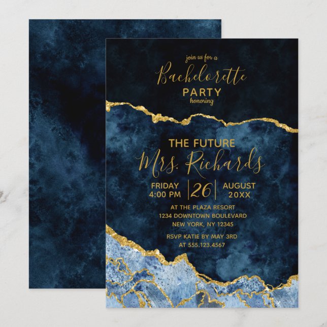 Einladung des Navy Blue Gold Foil Junggeselinnen-A (Vorne/Hinten)