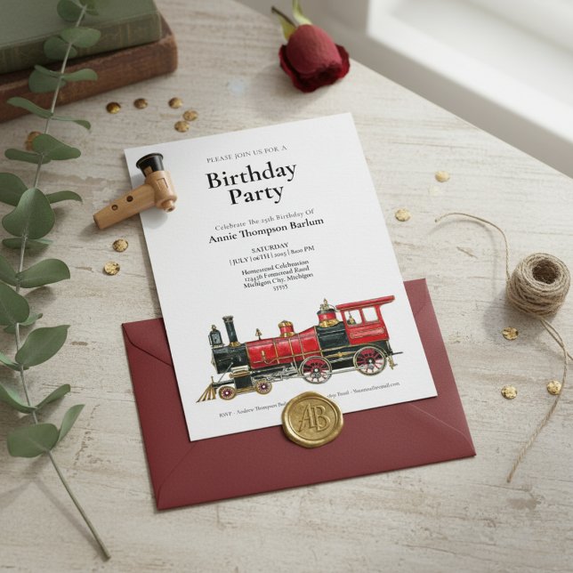 Einladung des Vintagen Roten Zuges zum Geburtstag (Vintage Red Train Birthday Invitation)