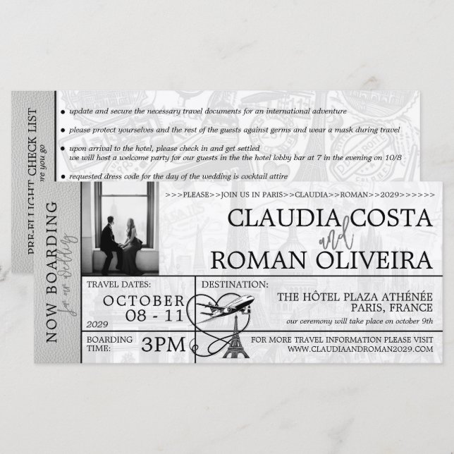 Einladung des White Paris Wedding Boarding Pass (Vorne/Hinten)