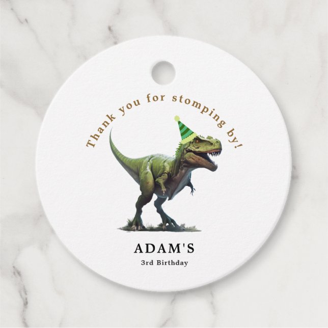 Einladung Dinosaur zum Geburtstag, drei Nachmittag Geschenkanhänger (Vorderseite)