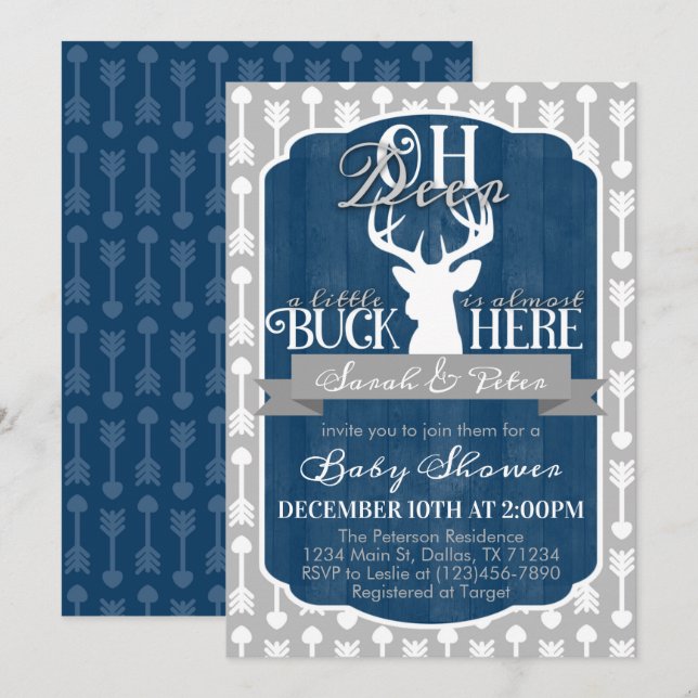 Einladung eines Navy Blue Gray Tribal Deer Baby Sh (Vorne/Hinten)