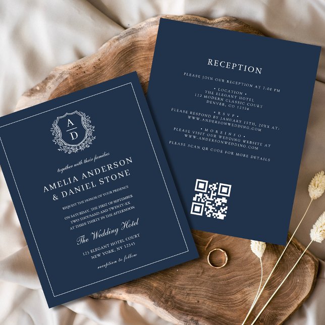 Einladung eines Navy Blue Monogram Wedding QR Code Flyer (Von Creator hochgeladen)