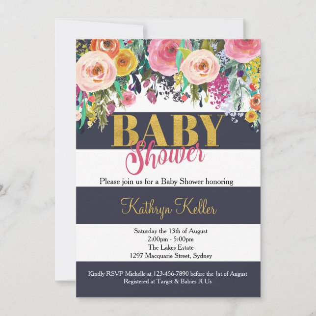 Einladung eines Navy & Gold Floral Baby Duschers (Vorderseite)