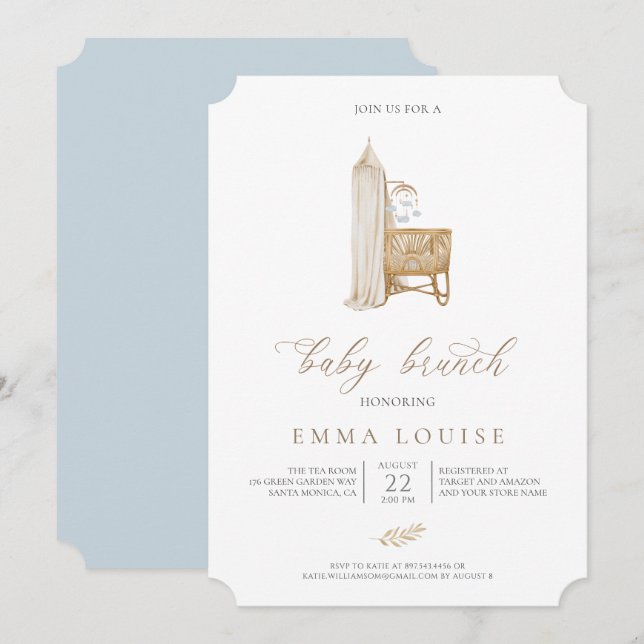 Einladung eines neutralen Boho Babybrunch (Vorne/Hinten)