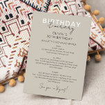 Einladung eines neutralen Wochenendes zum Geburtst<br><div class="desc">Neutral Warm Gray Moderne kalligraphische Weekend Zeitplan Zeitleiste. Das Design besticht durch ein elegantes,  modernes Textlayout. Um erweiterte Änderungen vorzunehmen,  wählen Sie bitte unter Personalisieren dieser Vorlage die Option "Klicken Sie auf,  um weitere Anpassungen vorzunehmen".</div>