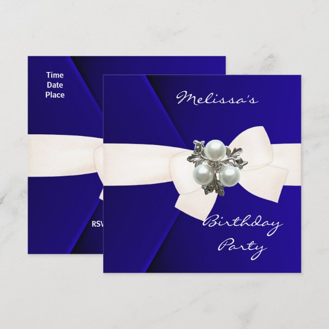 Einladung Elegant Royal Blue Velvet Pearl (Vorne/Hinten)
