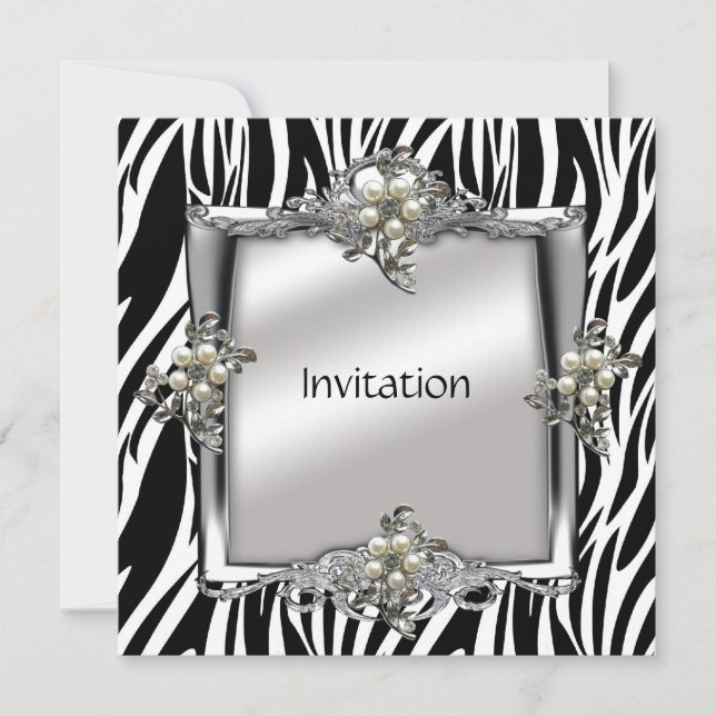 Einladung Elegante Animal Zebra Silver Jewel Flora (Vorderseite)