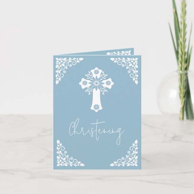 Einladung Floral Cross Christening Sky Blue (Vorderseite)