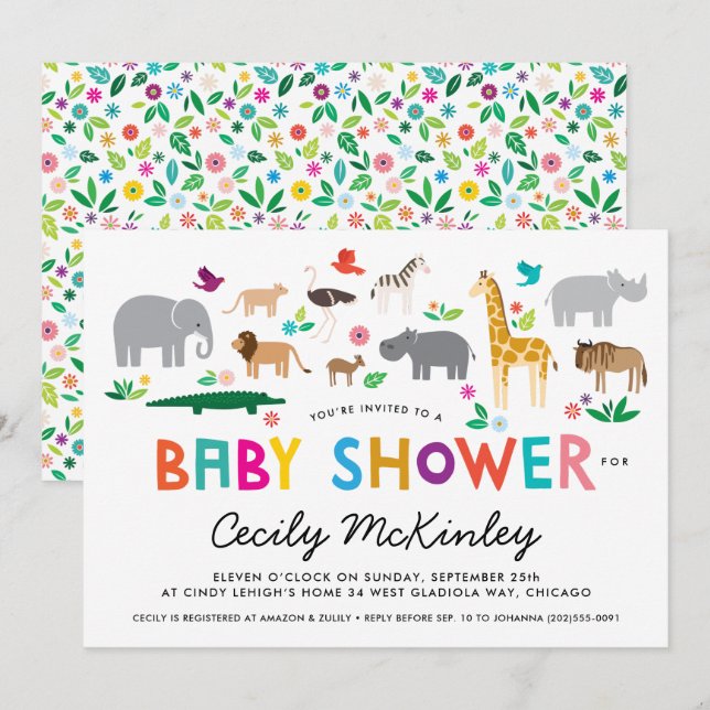 Einladung für afrikanische Tiere Babydusche (Vorne/Hinten)