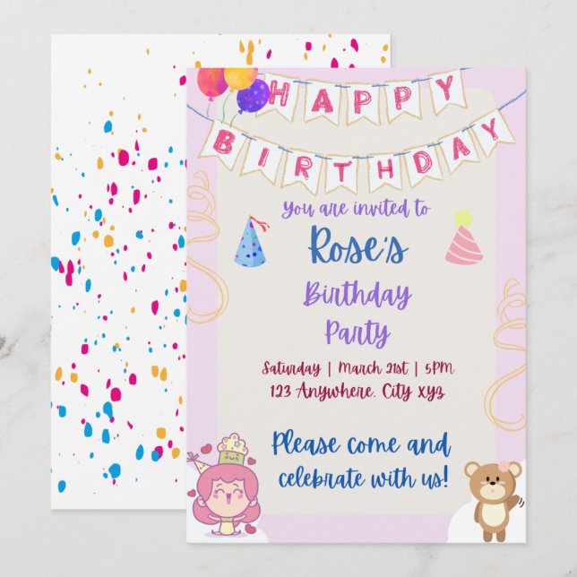Einladung für Kinder zum Geburtstag (Vorne/Hinten)