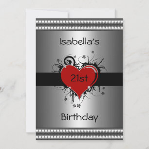Einladung Geburtstag rotes Herz auf Silber