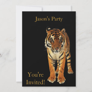 Einladung Geburtstagsparty Tiger auf Schwarz