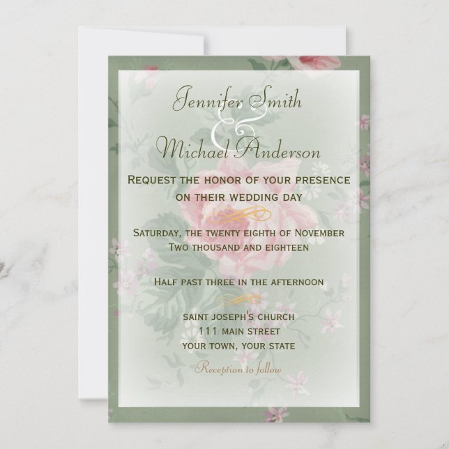 Einladung Green & Pink Rose Einfache Hochzeit (Vorderseite)