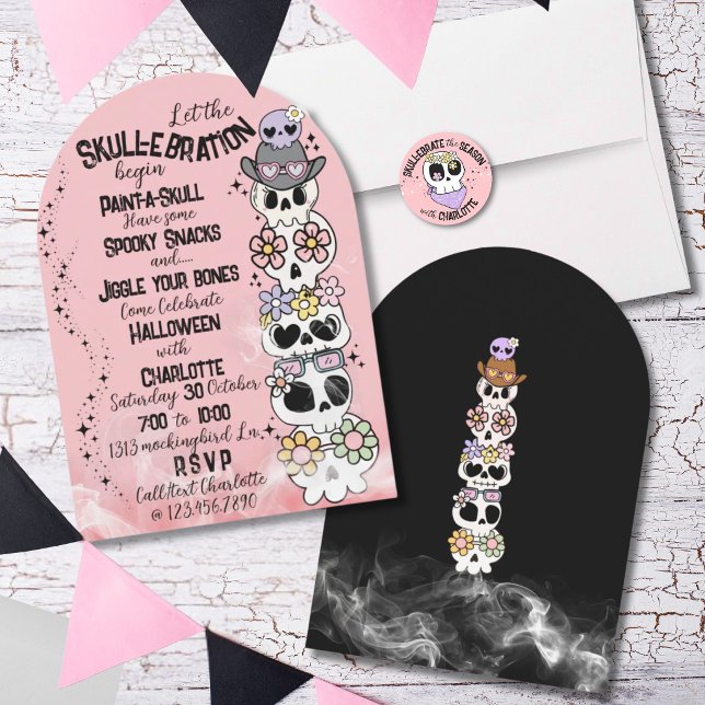 Einladung Halloween-Party „Skull-ebration“ (Envelope seal sticker sold separately see other listing in this collection)