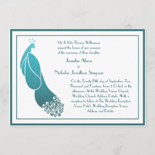 Einladung Hochzeit Art Deco Pfau in Aquamarin grün