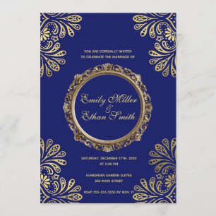 Einladung Hochzeit Blue Gold Abstrakt Blume