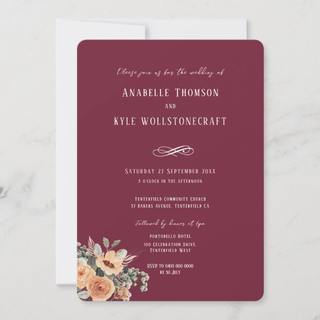 Einladung Hochzeit - Eleganter Blumenburgund (Vorderseite)