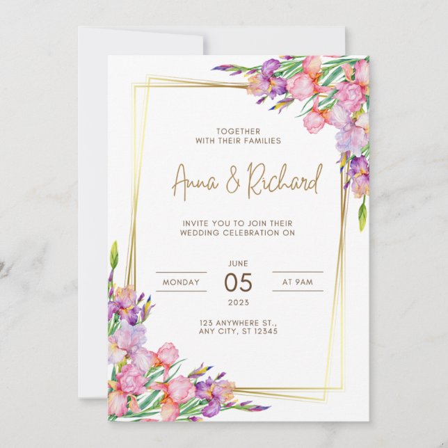 Einladung Hochzeit Goldene Rahmen Rosa Blume (Vorderseite)