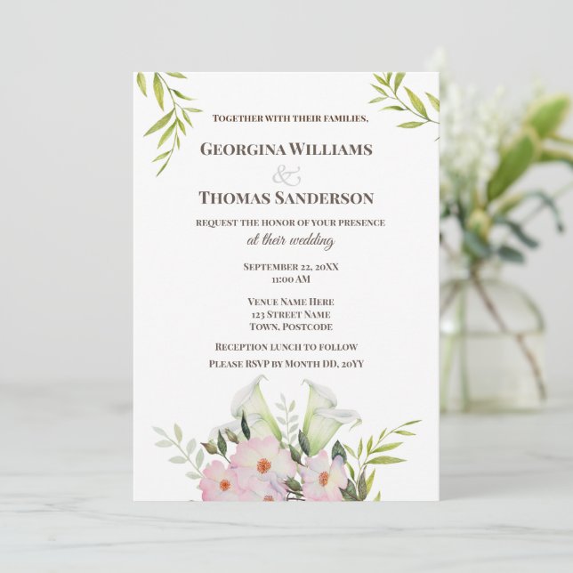 Einladung Hochzeit Wasserfarbe Weiße Calla Lilies (Stehend Vorderseite)