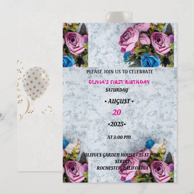 Einladung Kleine Miss/ONEderful purpl Floral 1 B (Vorne/Hinten)