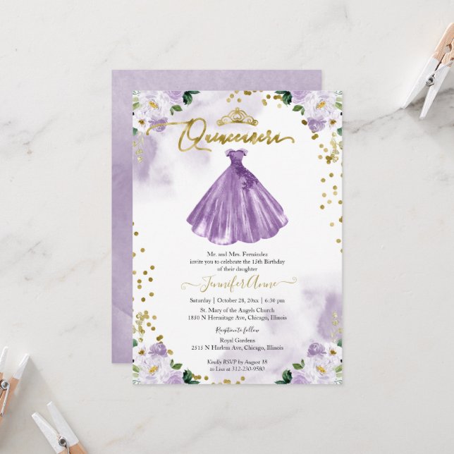 Einladung Lila Blumenkleid aus Quinceanera (Vorderseite/Rückseite Beispiel)
