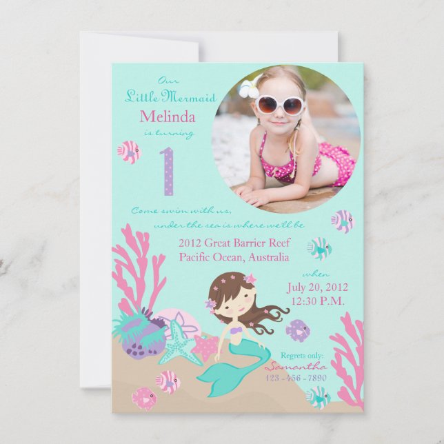 Einladung lt-Brunette Mermaid First Birthday (Vorderseite)