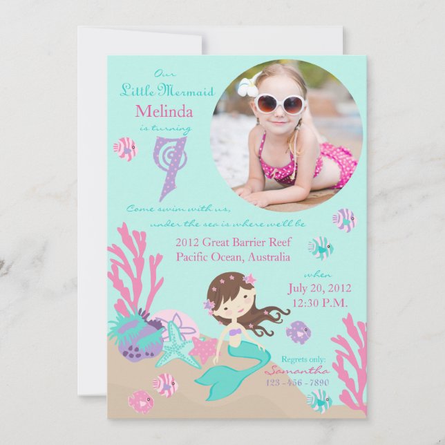 Einladung lt-Brunette Mermaid Seventh Birthday (Vorderseite)